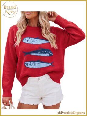Womens Lightweight Knit Crewneck Pullover Fish Graphic Sweater